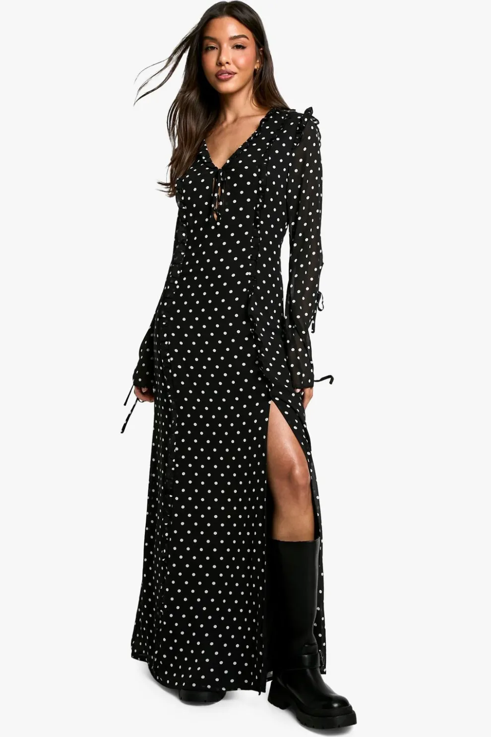 Polka Dot Chiffon Flare Sleeve Maxi Dress | Nasty Gal