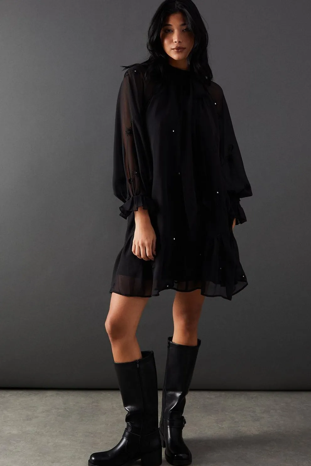 Premium Chiffon Tie Neck Moon Embellished Sequin Mini Smock Dress | Nasty Gal