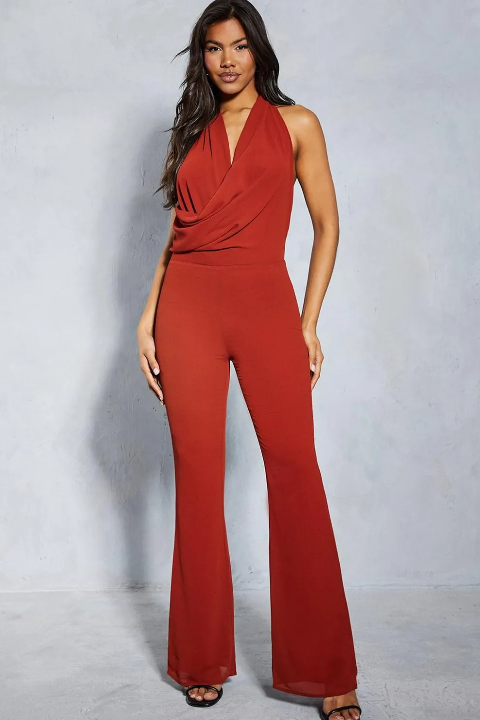 Chiffon Draped Neck Low Back Flare Leg Jumpsuit | Nasty Gal