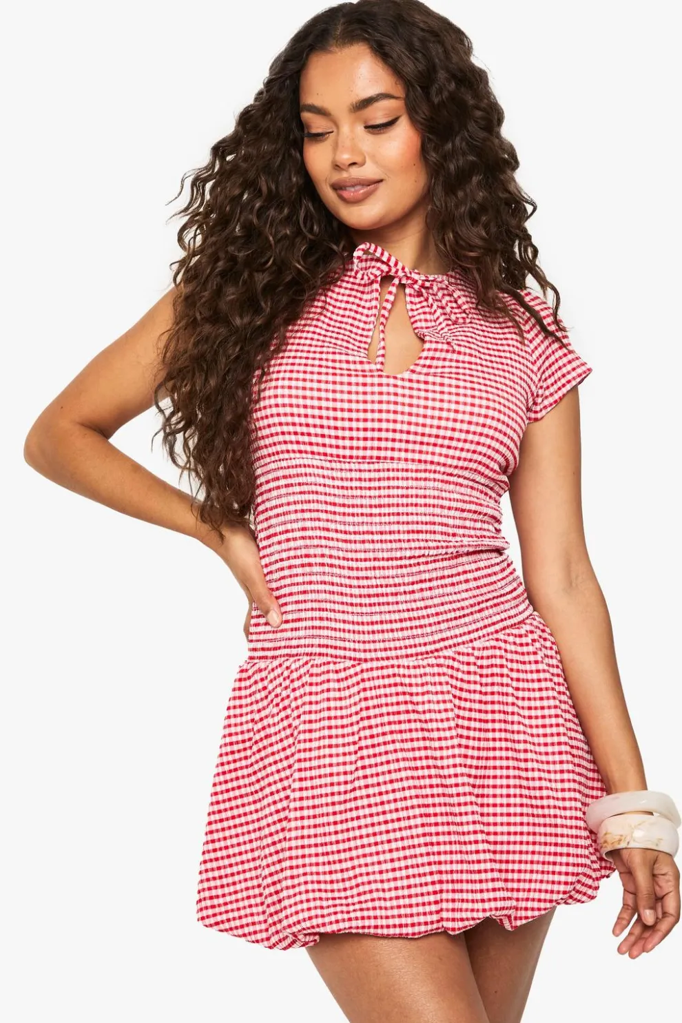 Textured Gingham Shirred Waist Keyhole Mini Dress | Nasty Gal