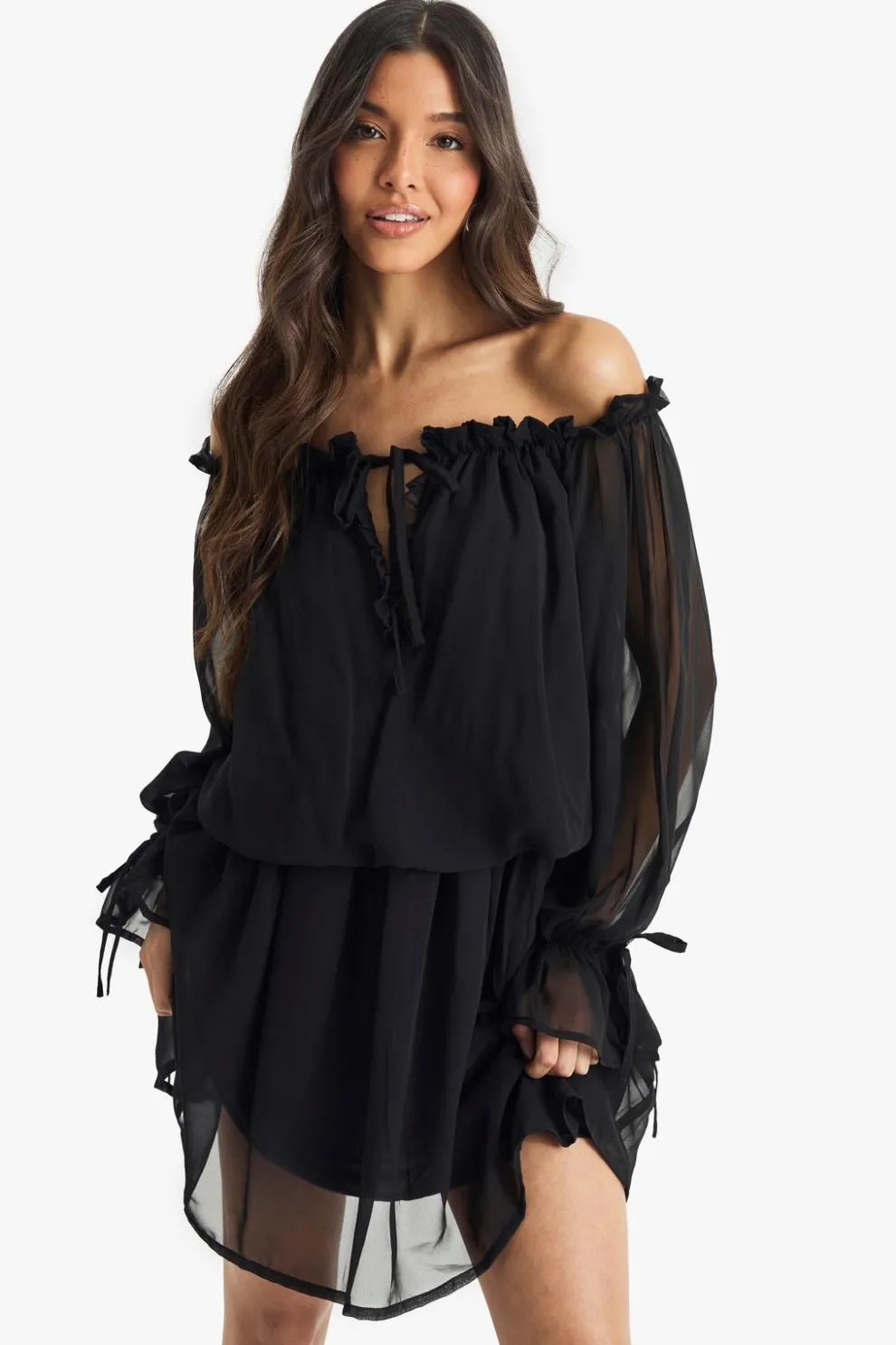 Chiffon Bardot Dropped Waist Mini Dress | Nasty Gal