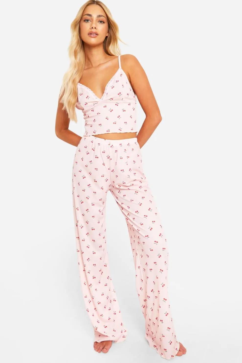 Cherry Print Lace Trim Cami Top & Trousers Pyjama Set | Nasty Gal