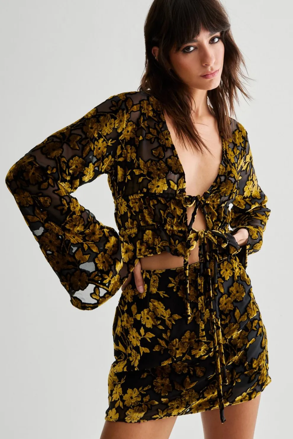 Floral Devore Ruched Channel Tie Front Floaty Sleeve Top | Nasty Gal
