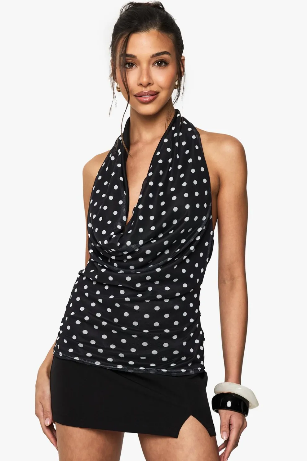 Polka Dot Mesh Halter Neck Cowl Top | Nasty Gal