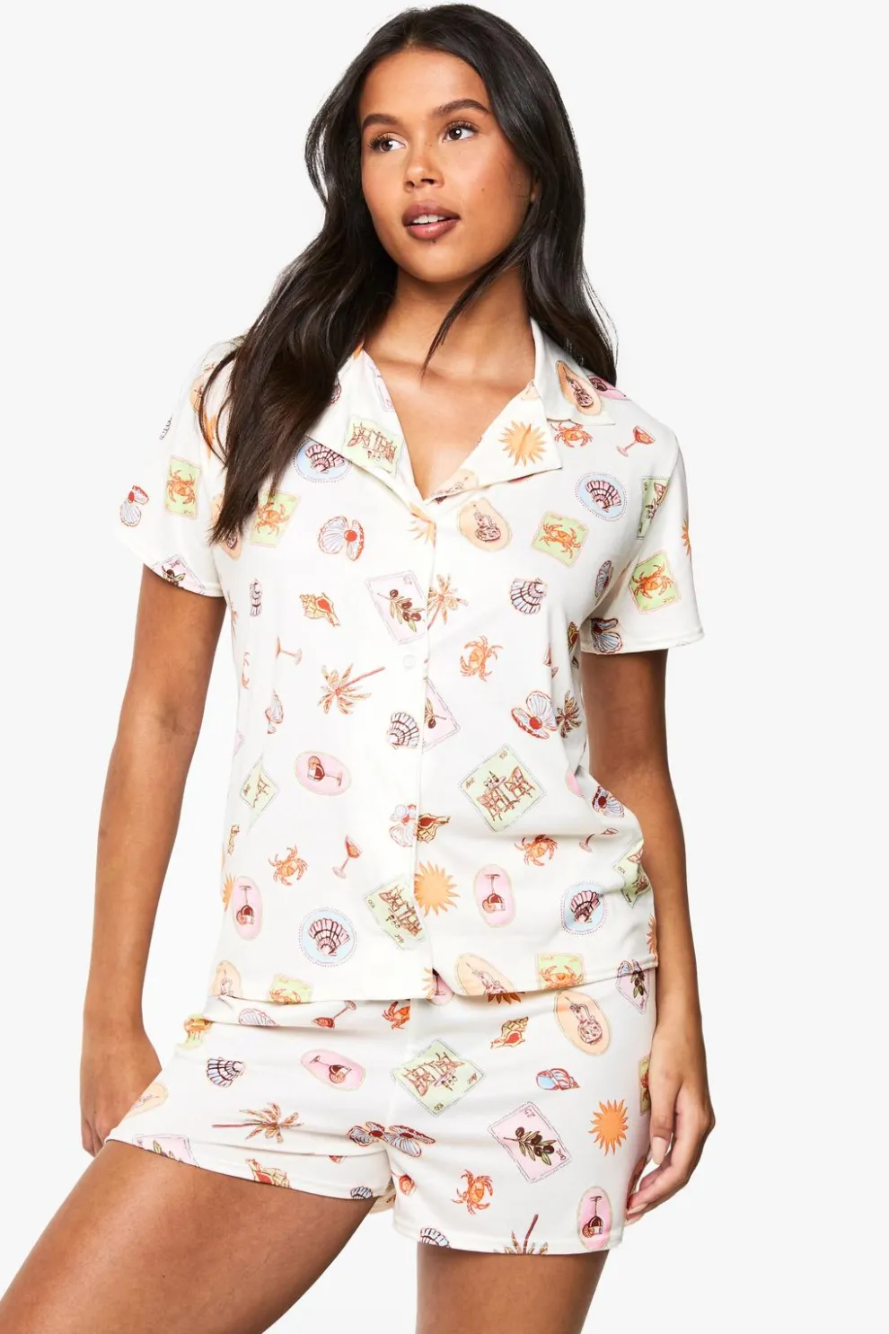 Postcard Print Short Sleeve Shirt & Shorts Pyjama Set | Nasty Gal