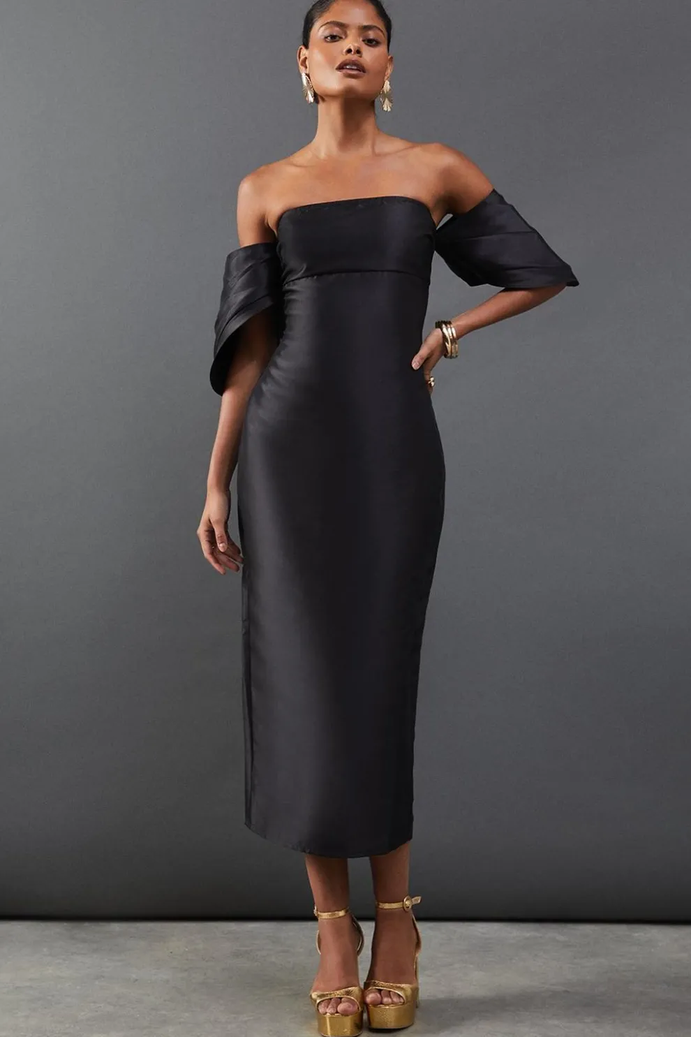 Structured Puff Sleeve Bardot Midi Dress | Nasty Gal