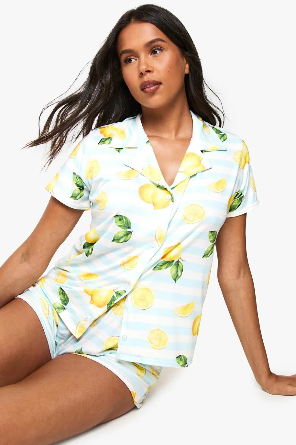 Lemon Print Stripe Short Sleeve Shirt & Shorts Pyjama Set | Nasty Gal