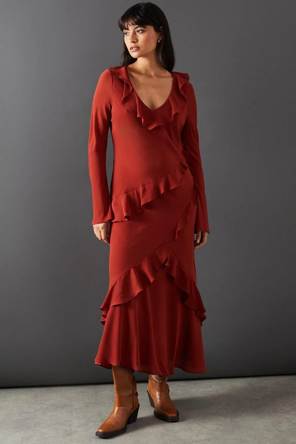 Chiffon Ruffle Seam V Neck Midi Dress | Nasty Gal