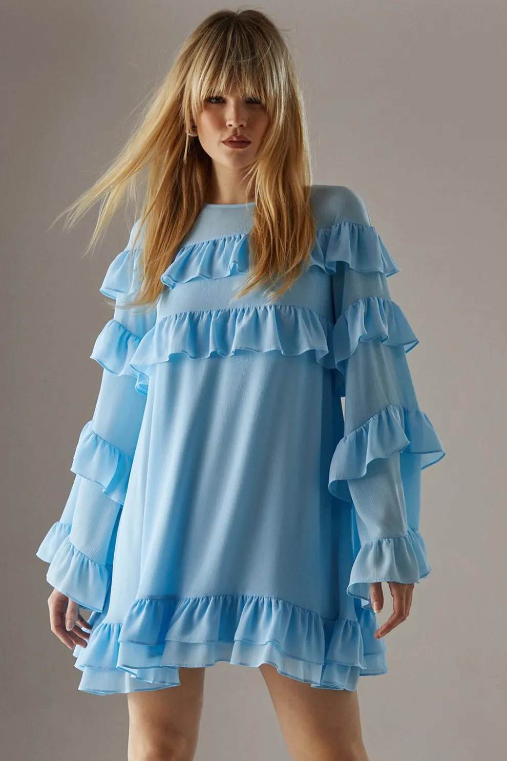 Chiffon Ruffle Flared Sleeve Mini Smock Dress | Nasty Gal