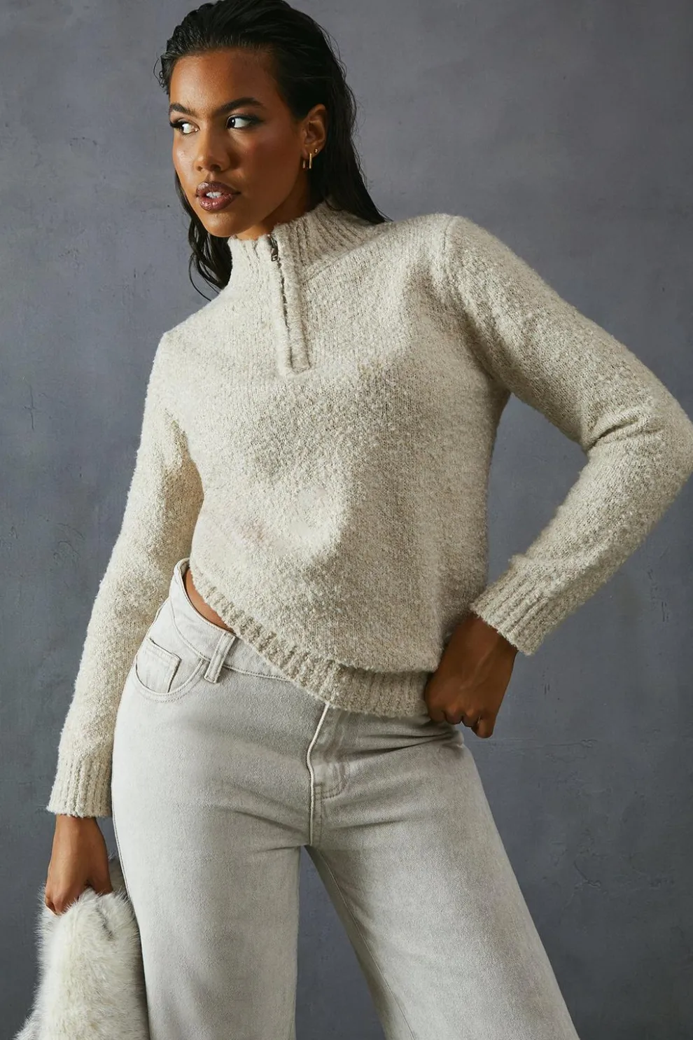 Knitted Boucle Zip Up Neck Oversized Jumper | Nasty Gal