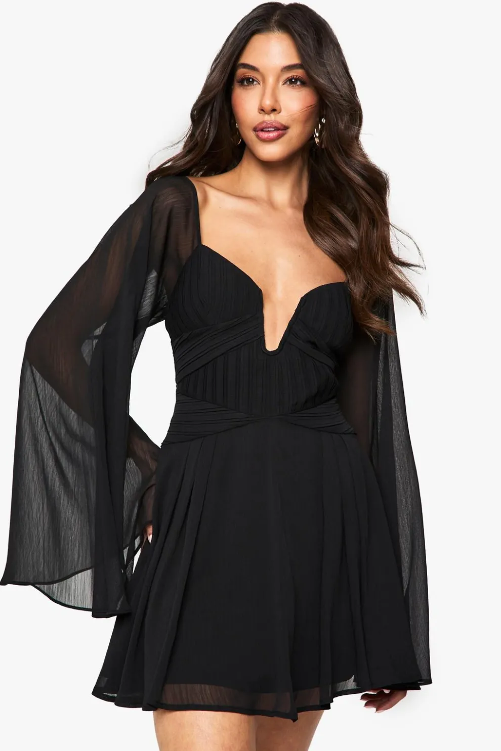Chiffon Pleated Long Sleeve Mini Dress | Nasty Gal