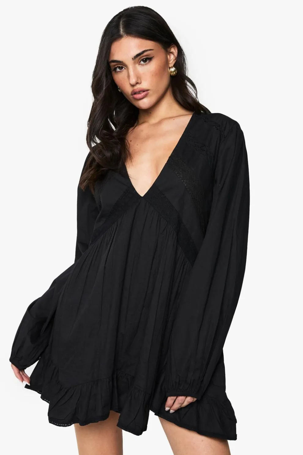 Cotton Lace Trim Long Sleeve Smock Dress | Nasty Gal