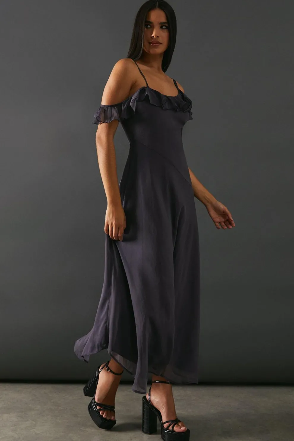 Chiffon Asymmetric Hem Bias Ruffle Strappy Midaxi Dress | Nasty Gal