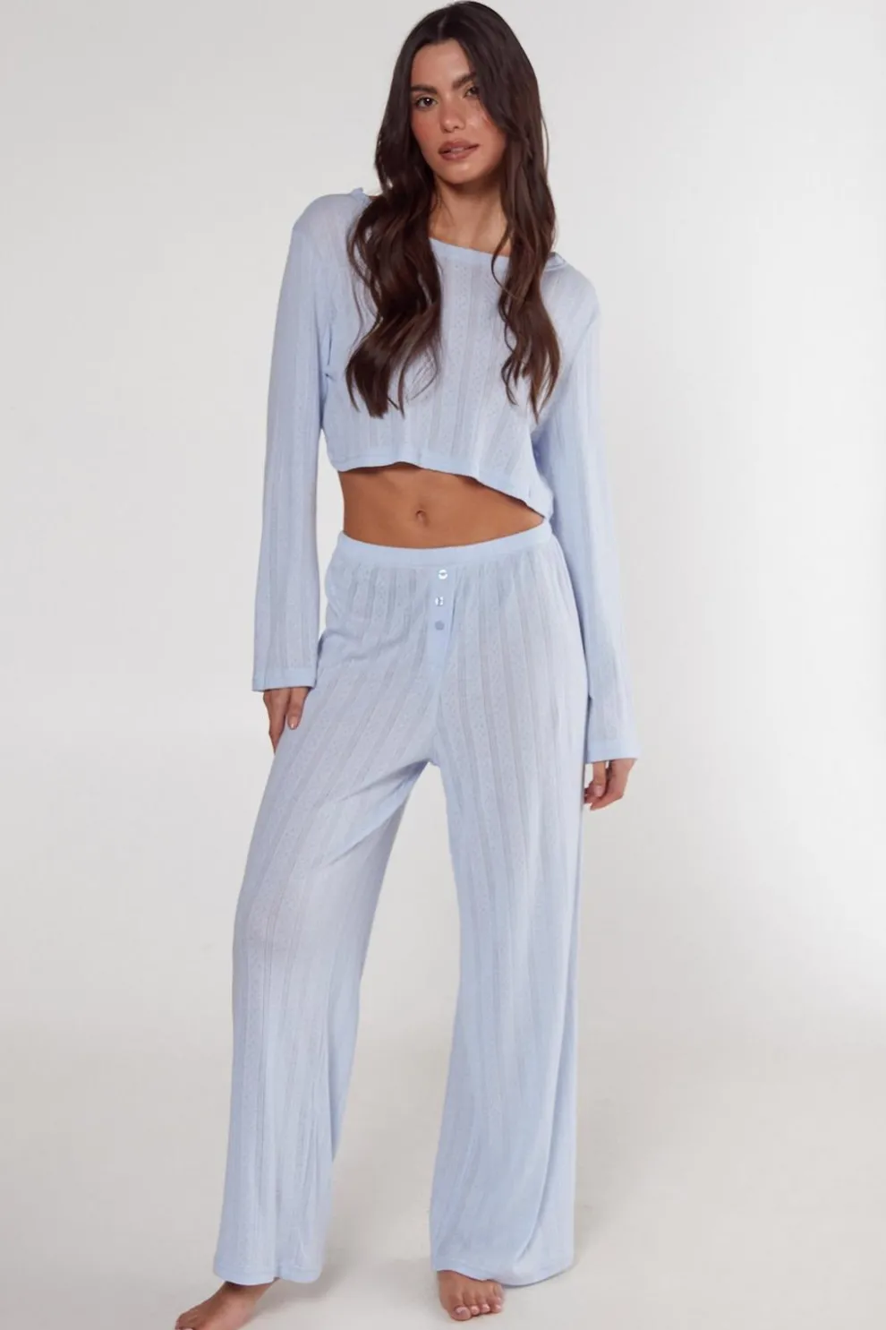 Pointelle Long Sleeve Cropped Top And Trouser Pajama Set | Nasty Gal
