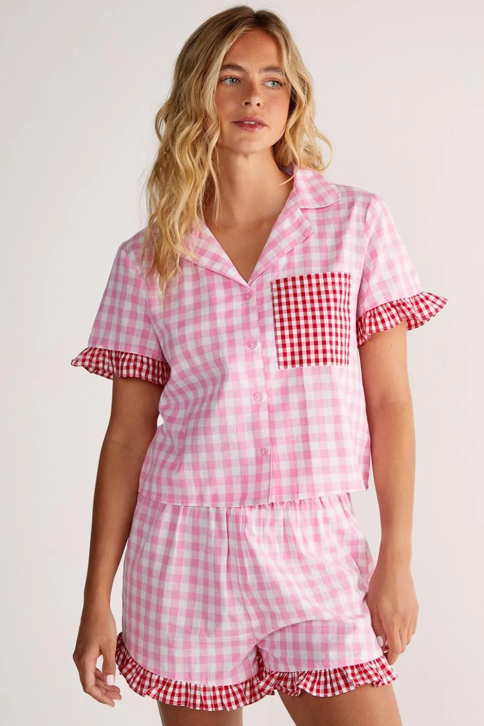 Gingham Contrast Ruffle Pajama Shorts Set | Nasty Gal