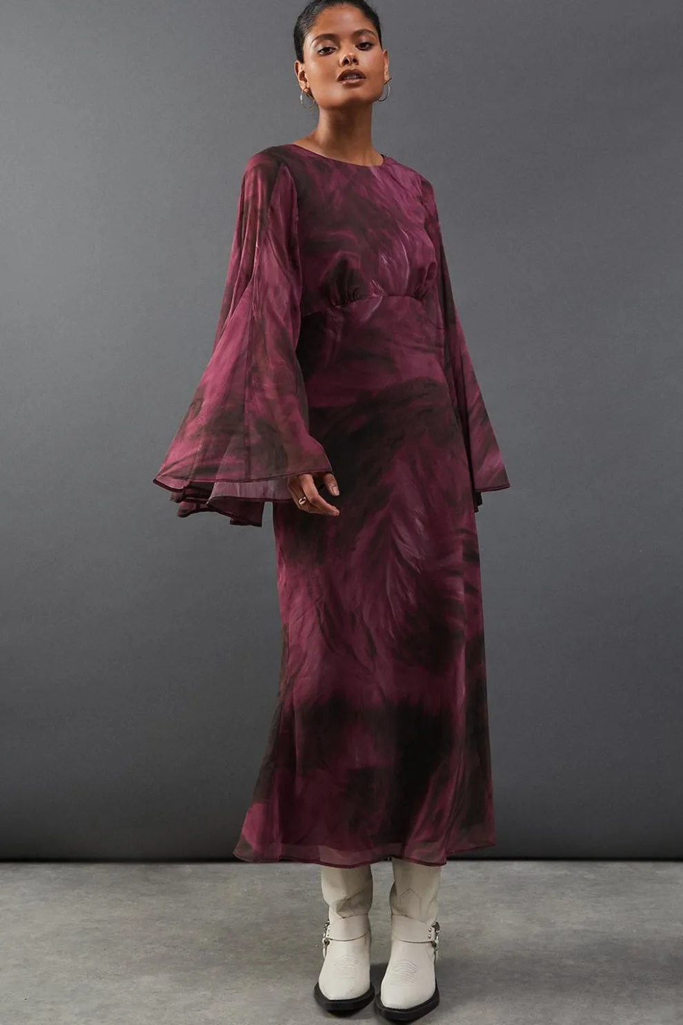 Printed Chiffon Slash Neck Cross Back Godet Sleeve Midi Dress | Nasty Gal