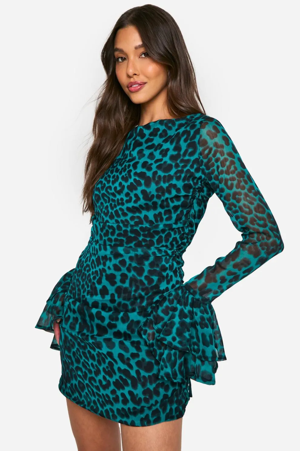 Green Leopard Chiffon Ruffle Mini Dress | Nasty Gal