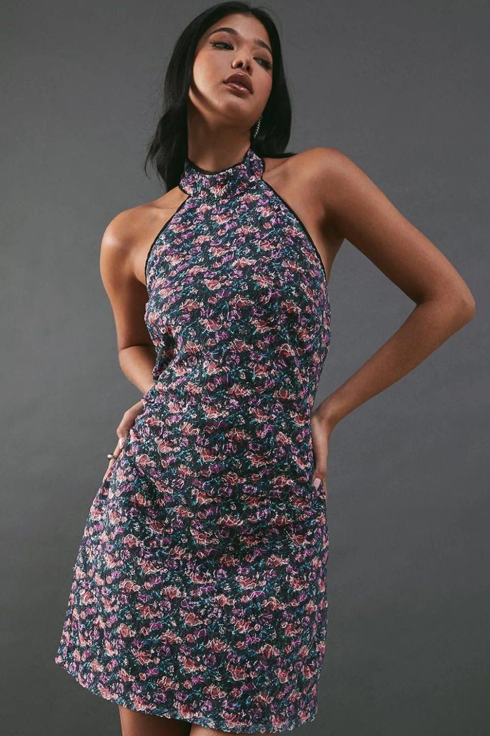 Print Sequin Lace High Neck Halter Mini Dress | Nasty Gal