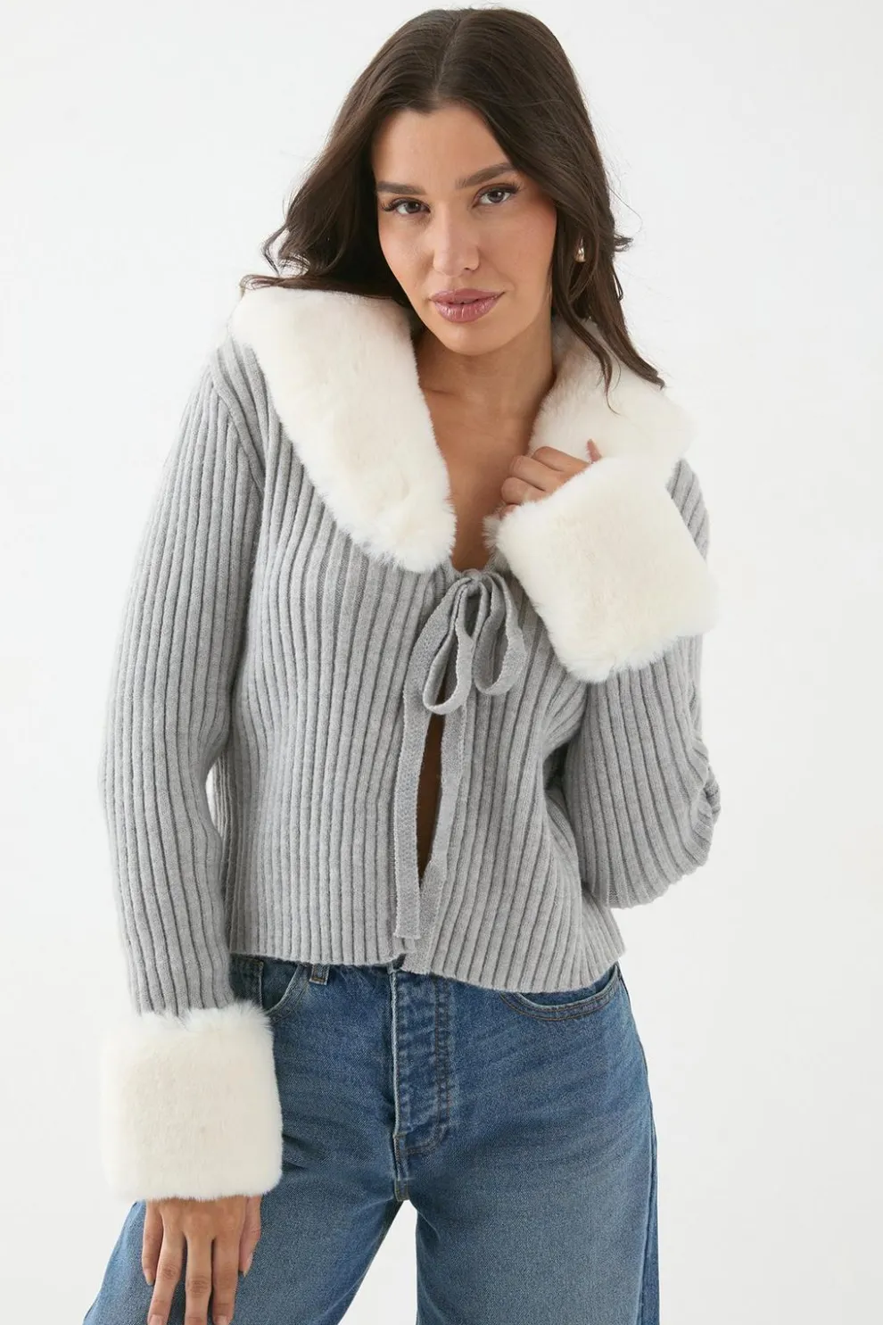 Knitted Rib Fur Trim Tie Detail Front Jumper | Nasty Gal