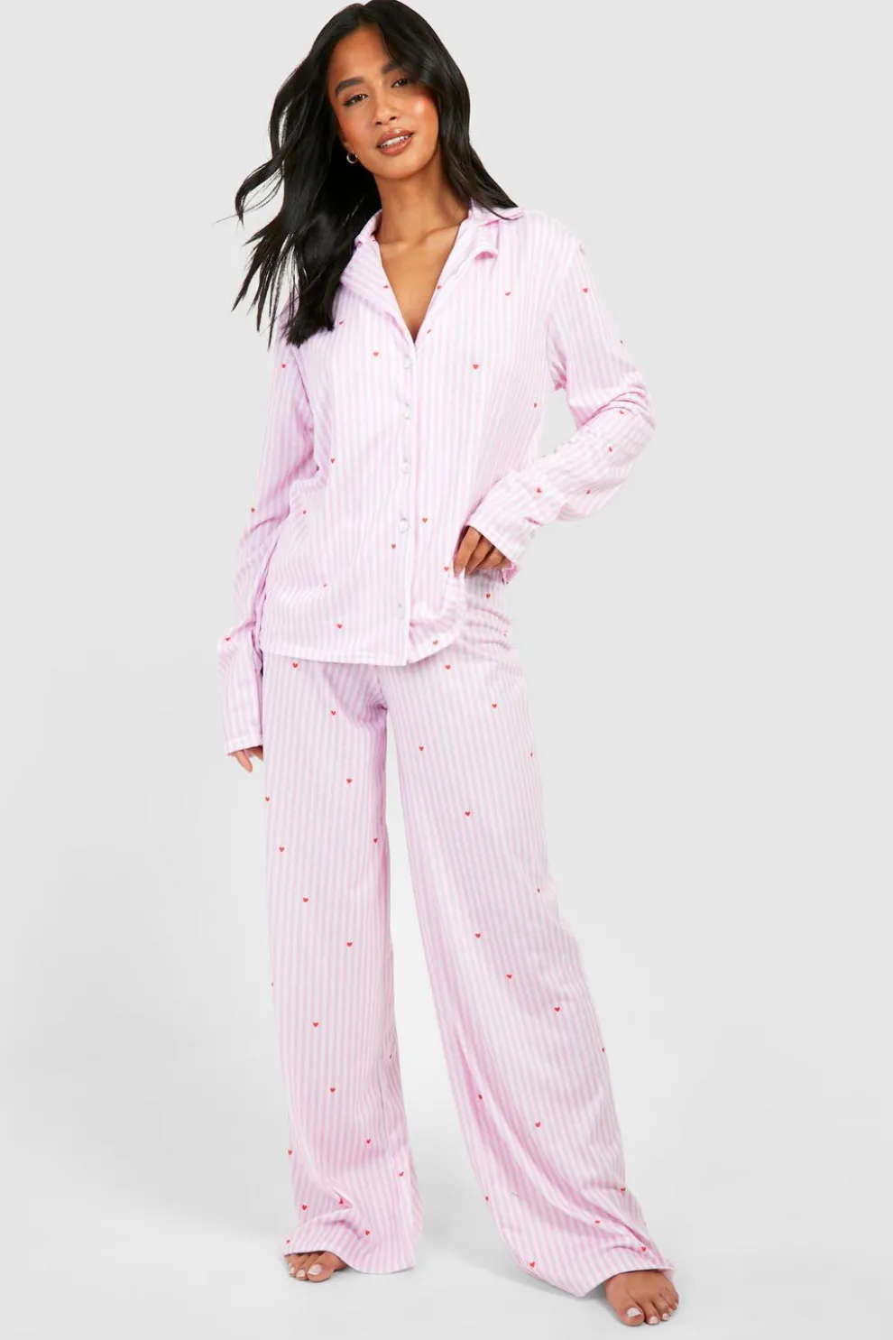 Petite Pinstripe Heart Print Long Sleeve Shirt & Trousers Pyjama Set | Nasty Gal
