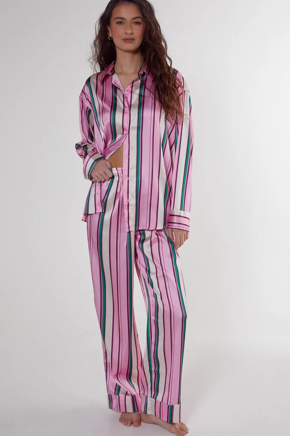 Satin Multi Stripe Oversized Shirt And Pants Pajama Set | Nasty Gal