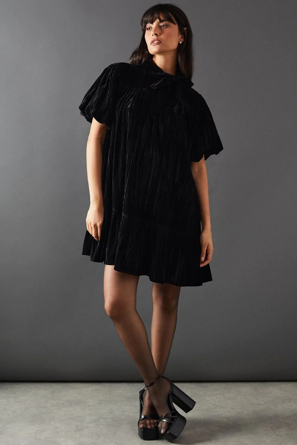 Velvet Crinkle Tie Neck Puff Sleeve Tier Hem Mini Dress | Nasty Gal