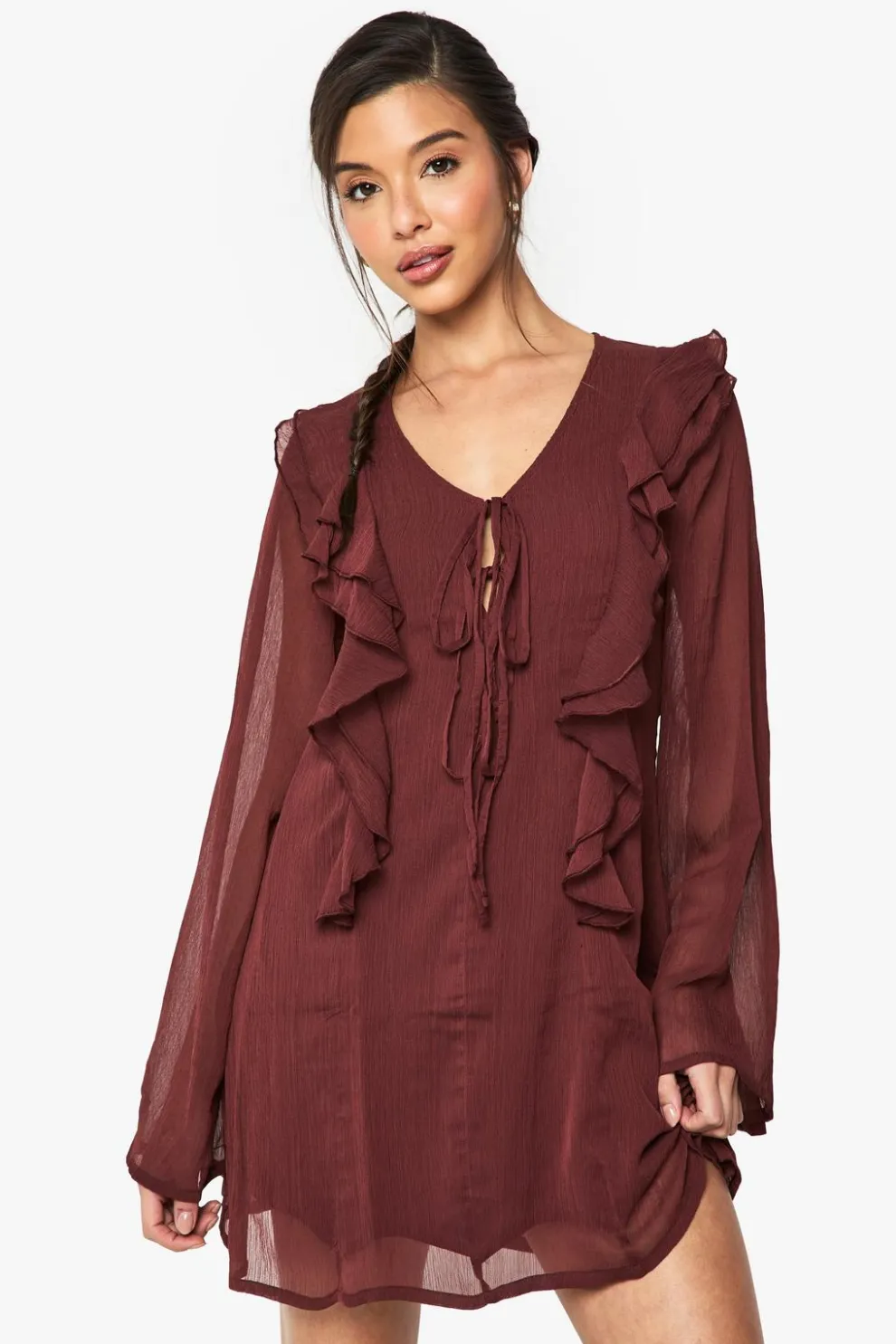 Crinkle Chiffon Ruffle Tie Front Mini Dress | Nasty Gal