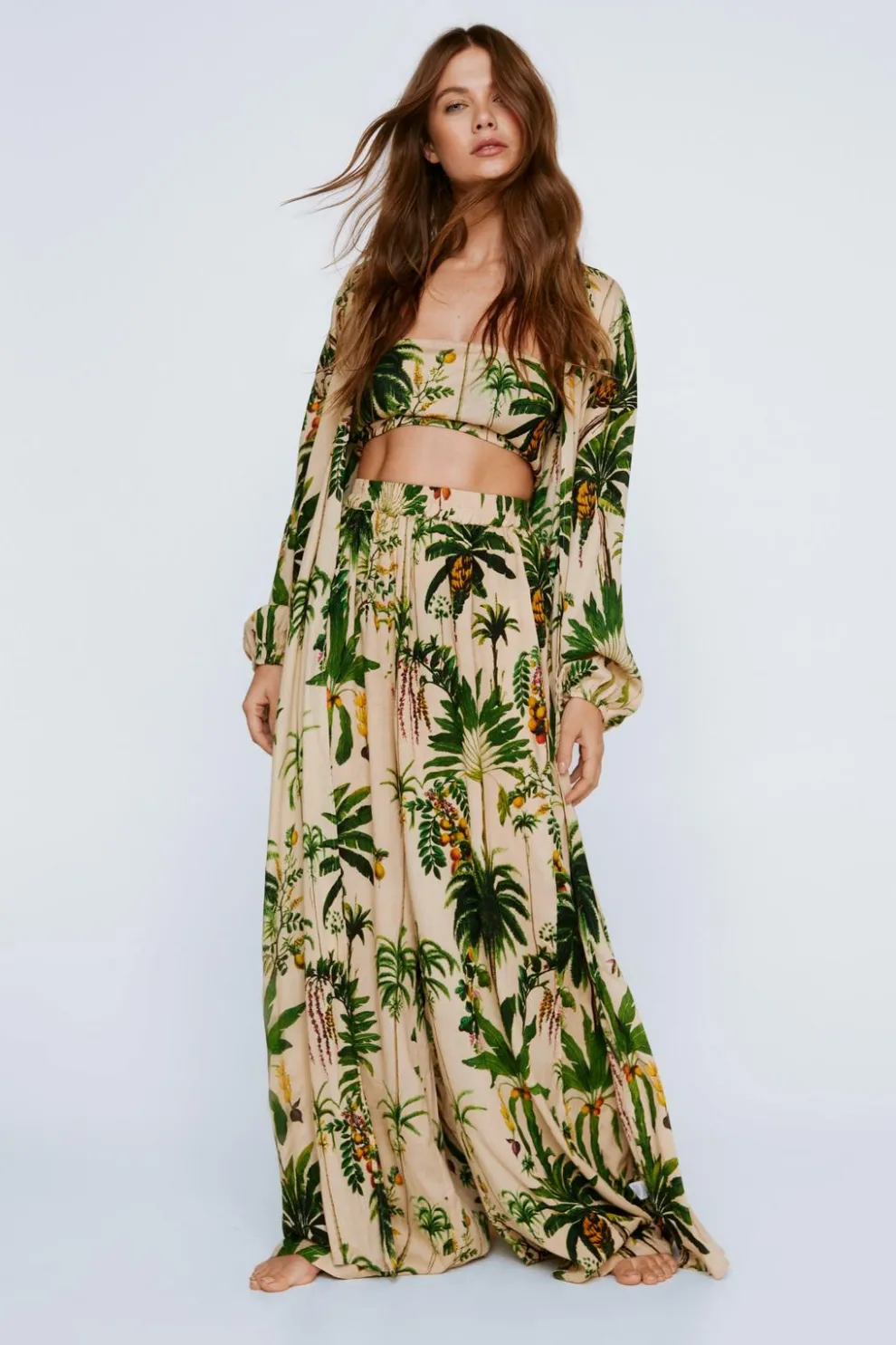 Crinkle Palm Tree Bandeau And Maxi Kimono 3pc Pants Set | Nasty Gal