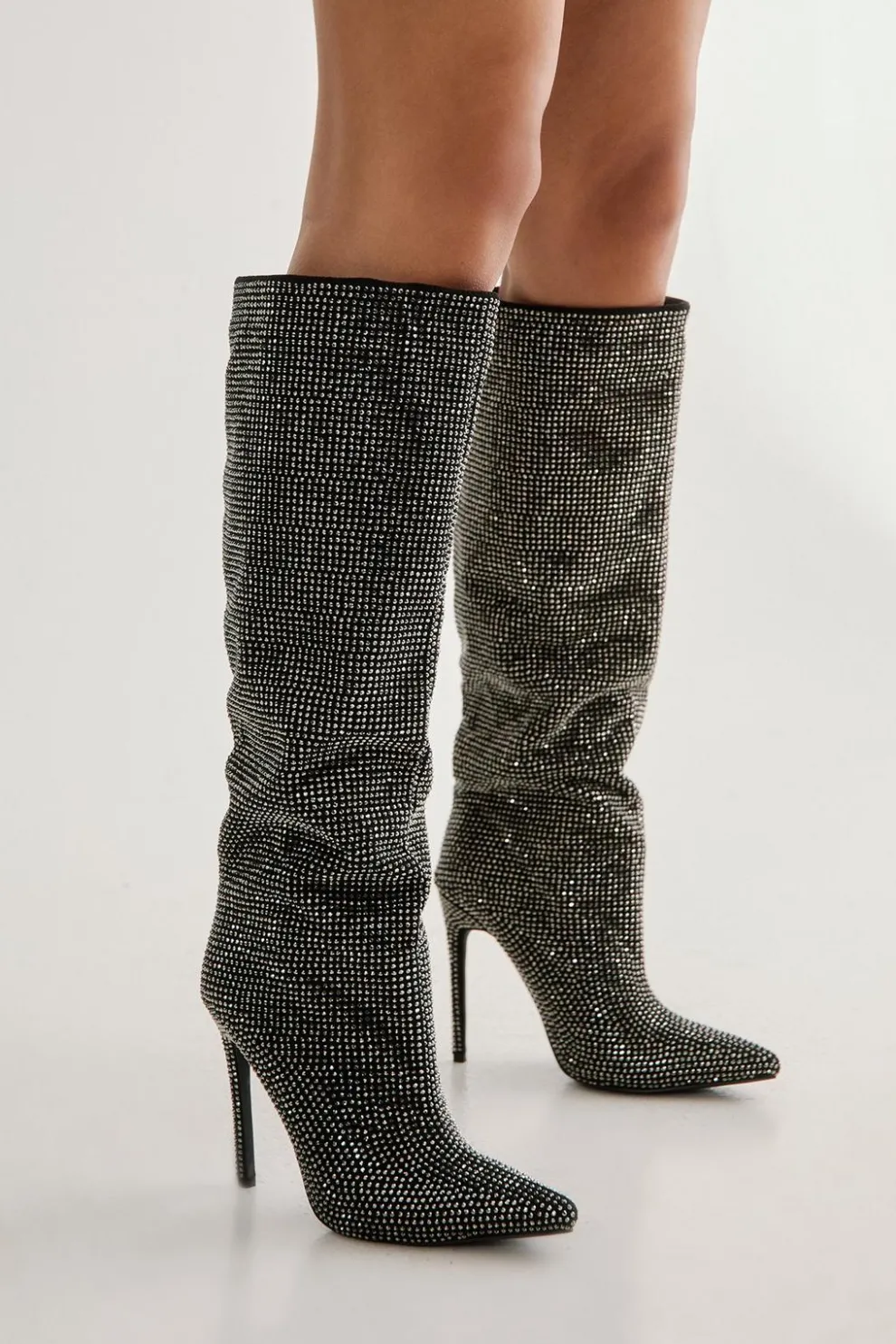 Diamante Embellished Knee High Heeled Boot | Nasty Gal