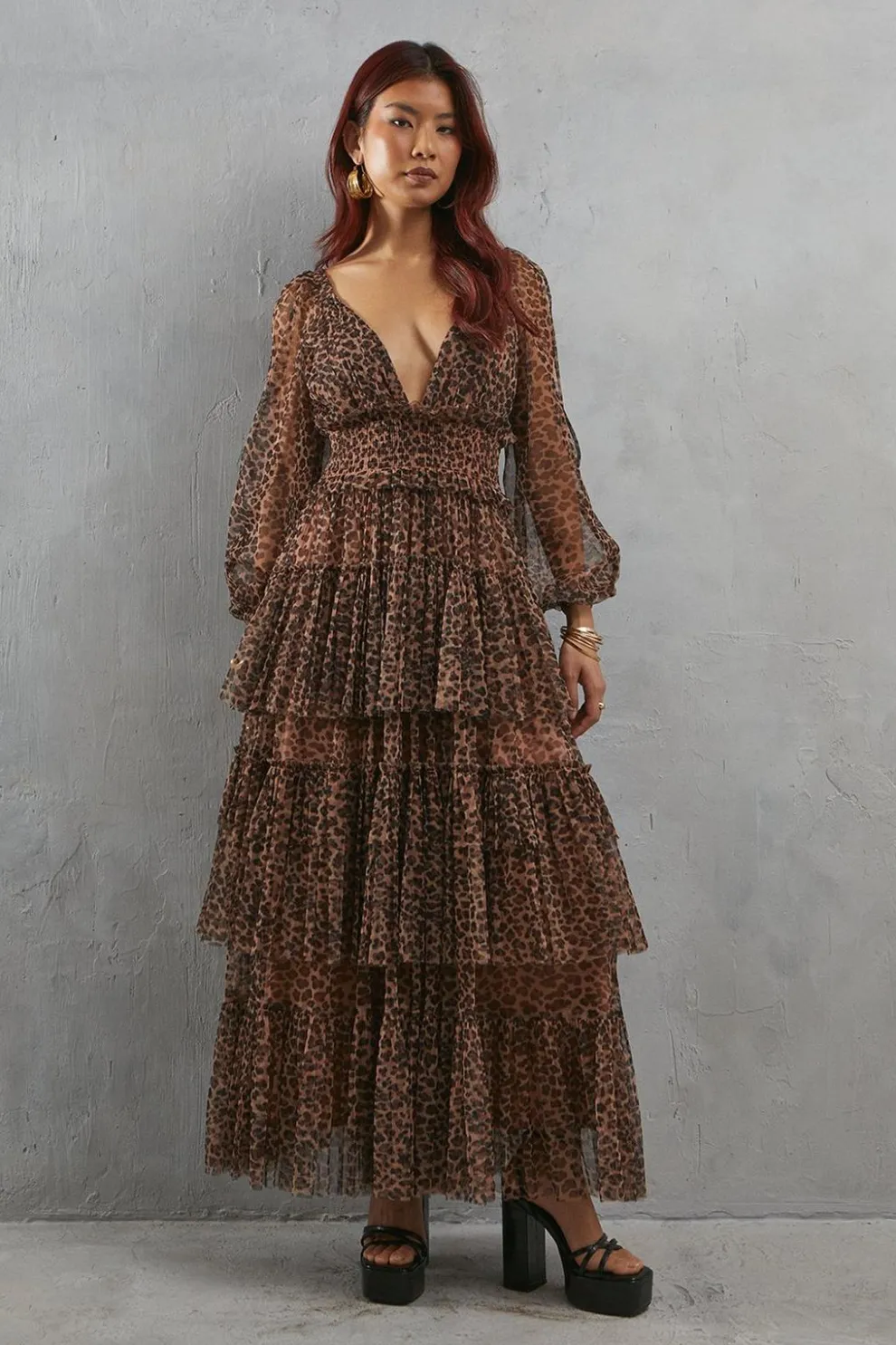 Tulle Leopard Print Plunge Neck Long Sleeve Tier Maxi Dress | Nasty Gal