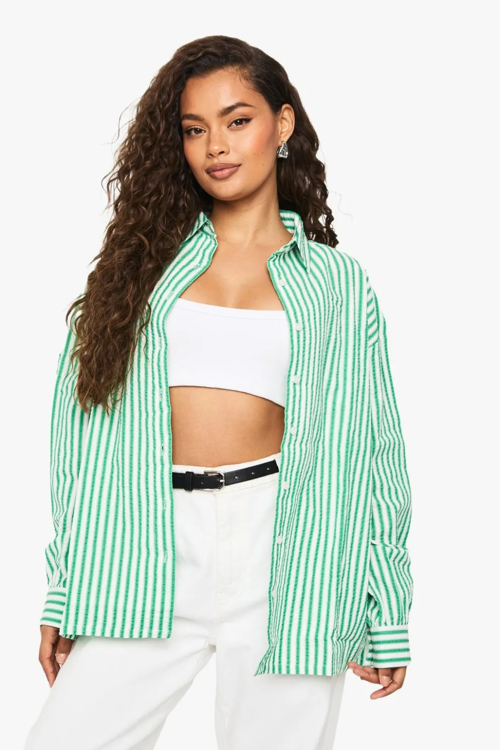 Green Seersucker Wide Stripe Oversized Shirt | Nasty Gal