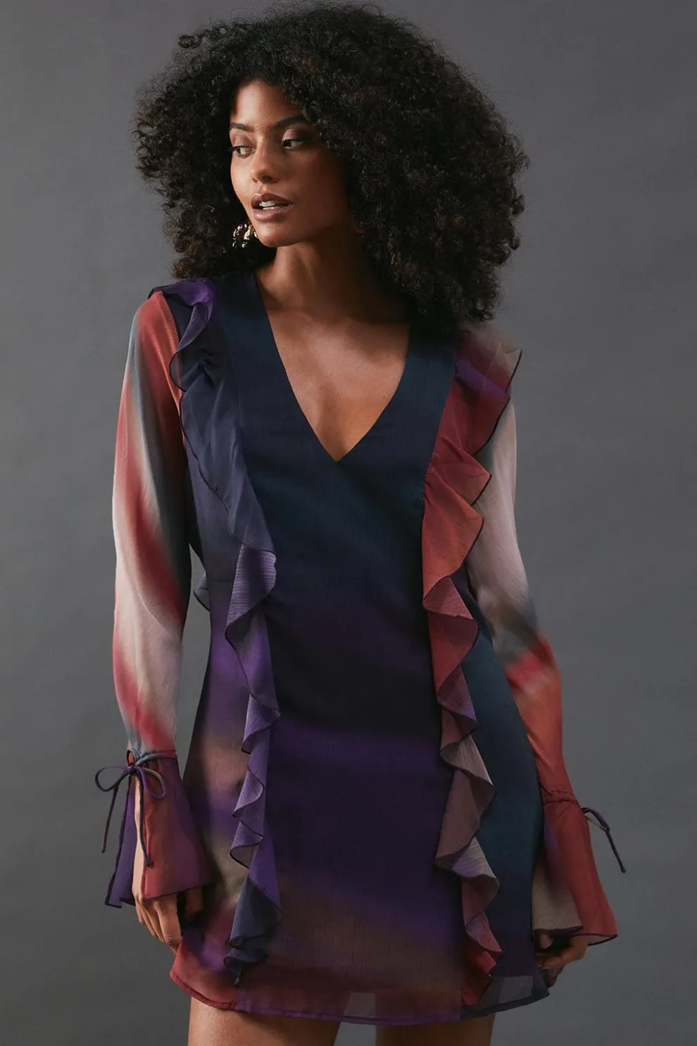 Chiffon Ombre Ruffle Detail Tie Sleeve Mini Dress | Nasty Gal