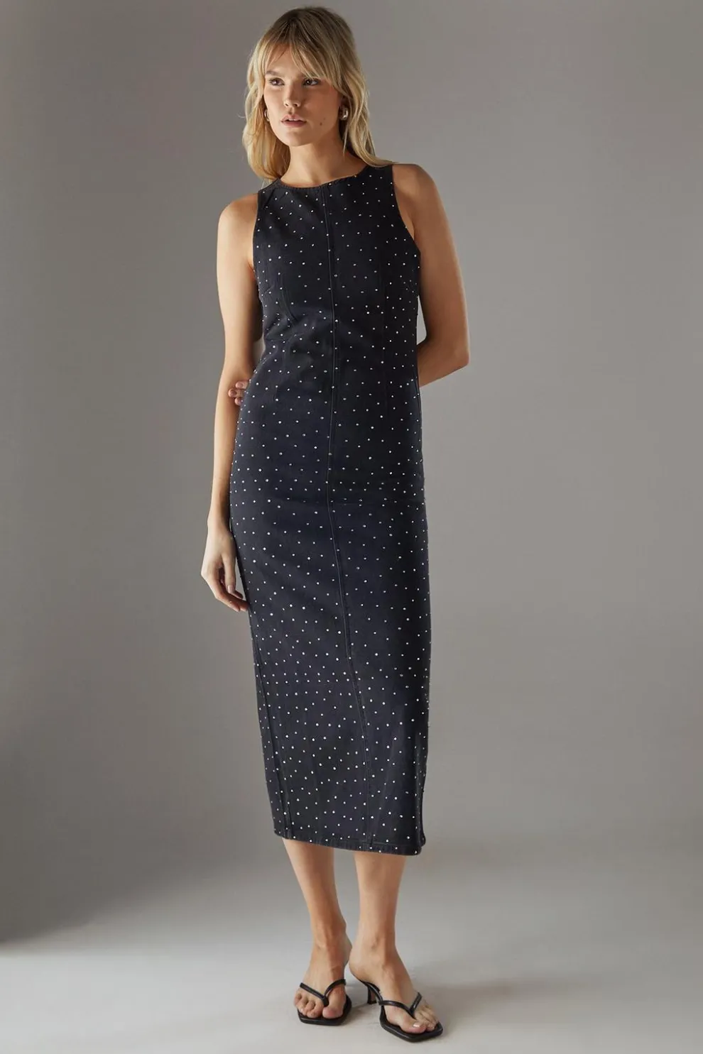 Denim All Over Hot Fix Sleeveless Fitted Midi Dress | Nasty Gal