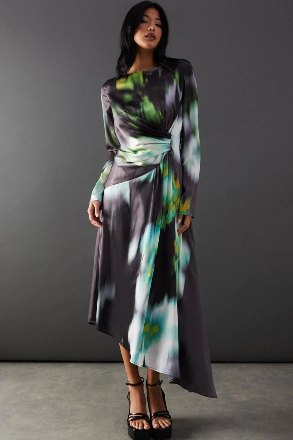 Printed Satin Knot Front Asymmetric Hem Midi Dress | Nasty Gal