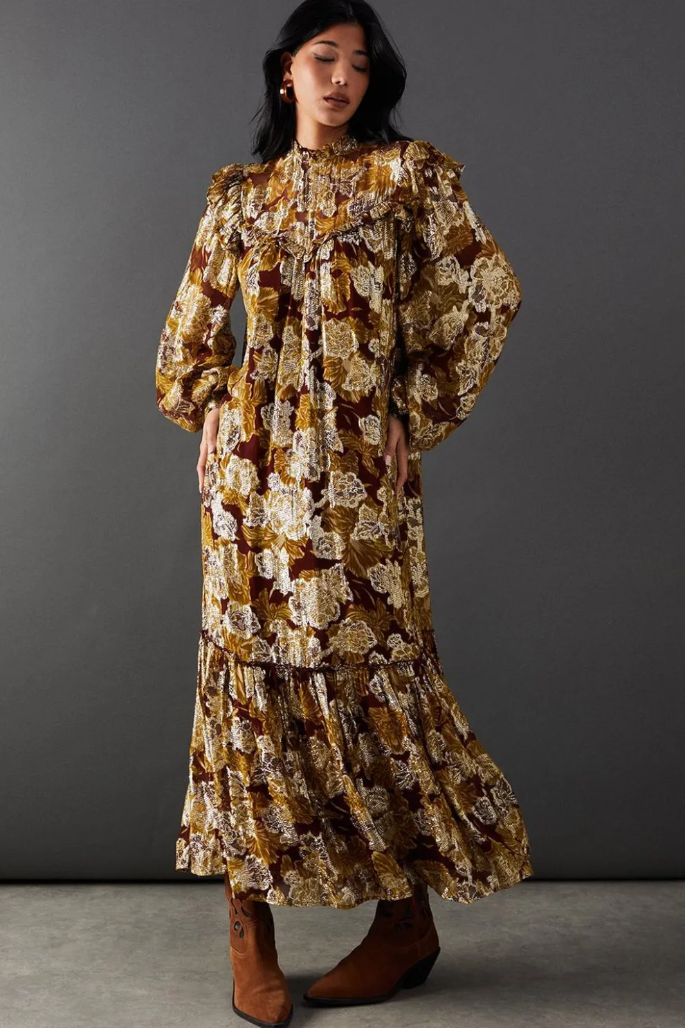 Printed Metallic Jacquard Frill Yoke Tier Hem Midi Dress | Nasty Gal