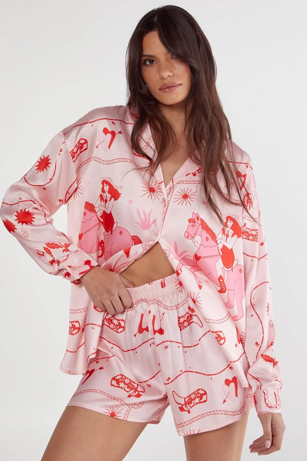 Satin Western Placement Print Shirt and Short Set | Nasty Gal