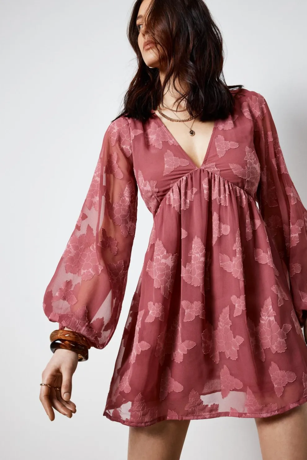 Jacquard Plunge Balloon Sleeve Tie Back Mini Tunic Dress | Nasty Gal