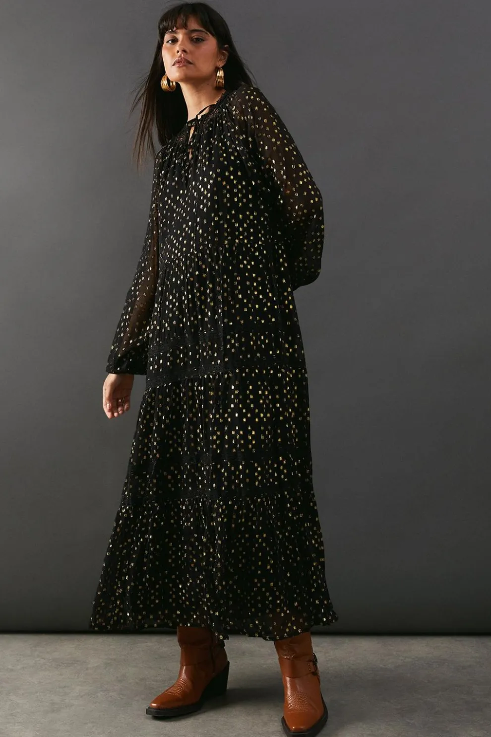 Metallic Jacquard Dobby Lace Insert Midi Smock Dress | Nasty Gal