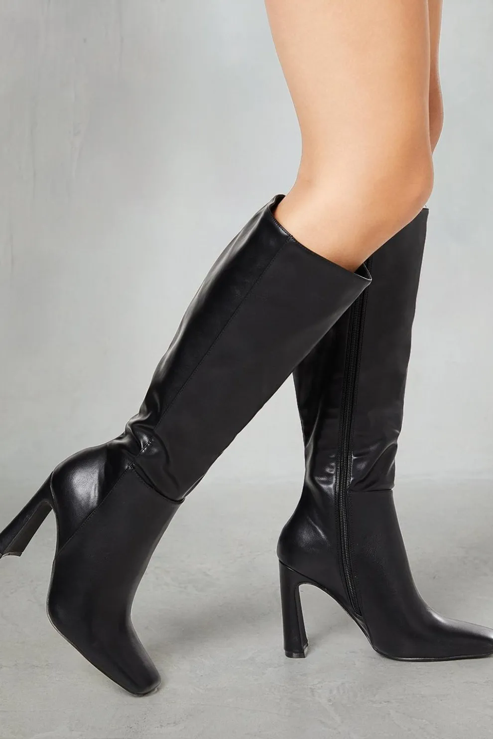 Leather Look Knee High Block Heeled Boots | Nasty Gal