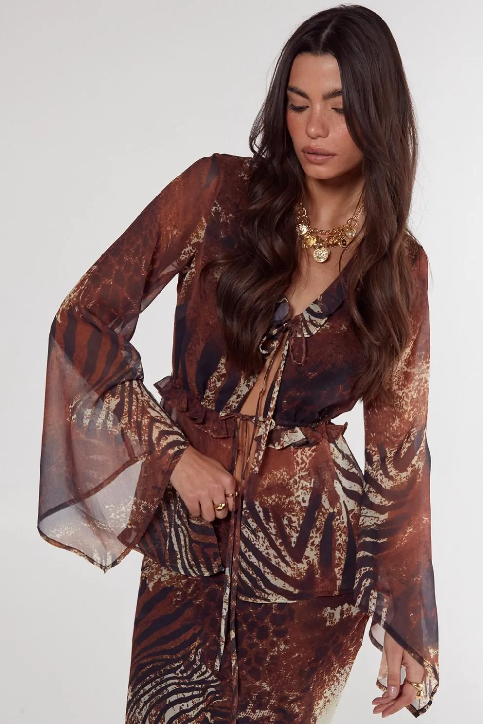 Mixed Animal Crinkle Chiffon Ruffle Tie Front Blouse | Nasty Gal