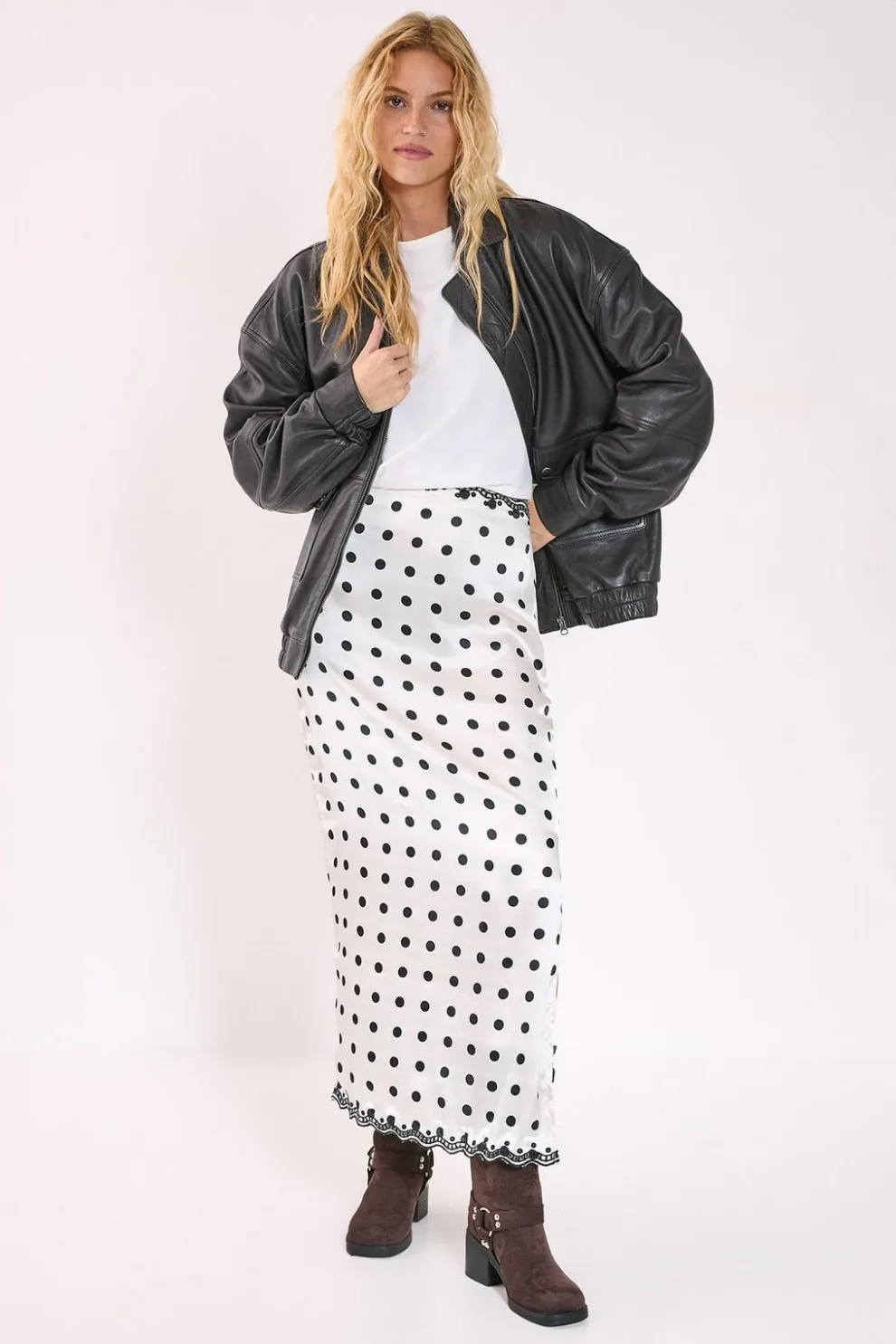 Satin Polka Dot Embroidered Split Maxi Skirt | Nasty Gal