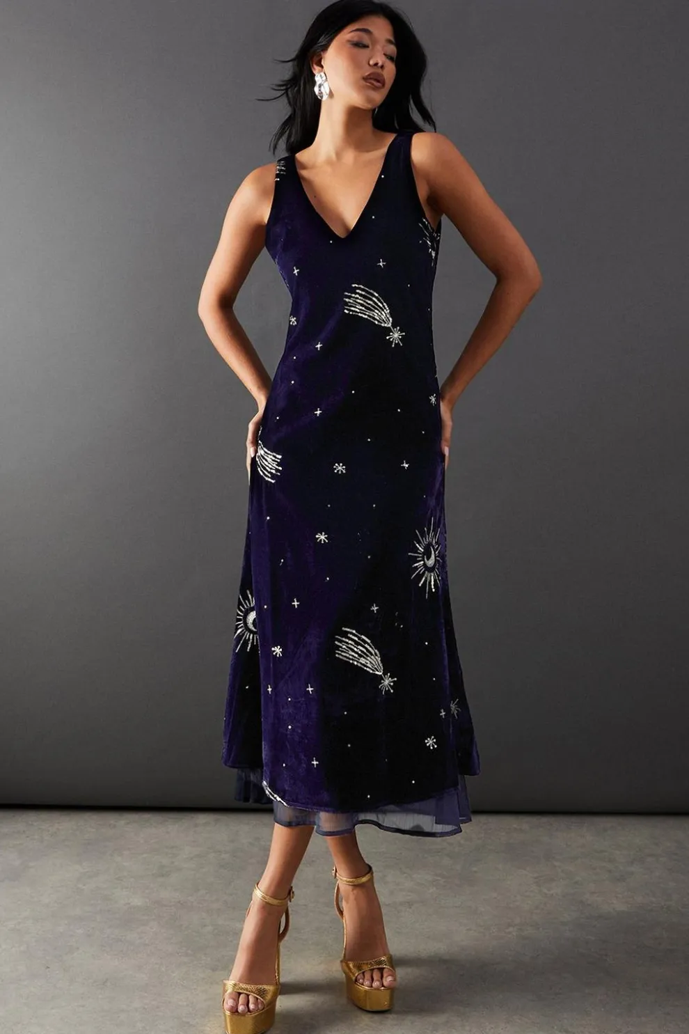 Velvet Embellished Sequin Ruffle Hem Strappy Slip Midi Dress | Nasty Gal