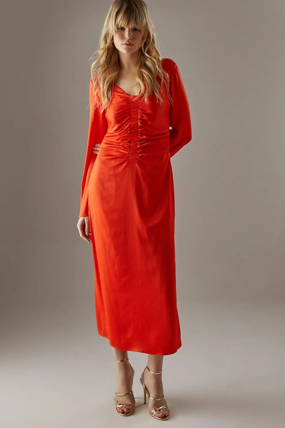 Crinkle Satin Ruched Front Column Midi Dress | Nasty Gal