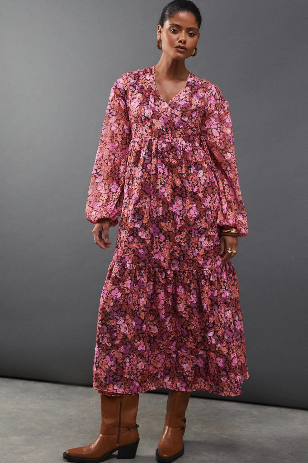 Floral Burnout Chiffon Wrap Smock Midi Dress | Nasty Gal