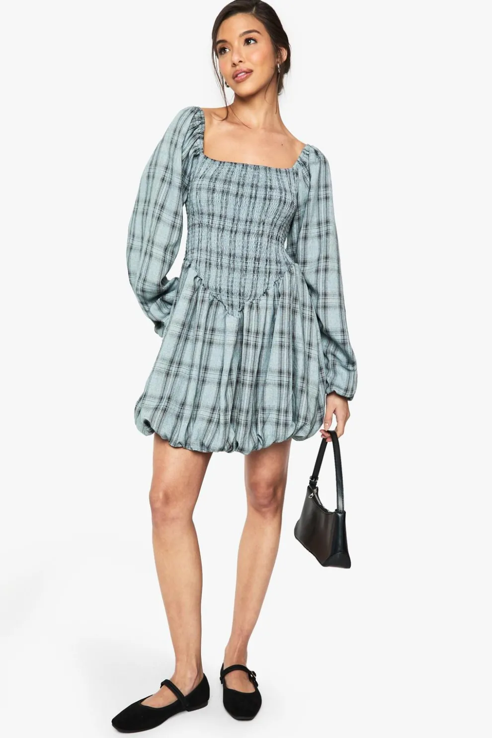 Check Shirred Long Sleeve Puff Sleeve Mini Dress | Nasty Gal