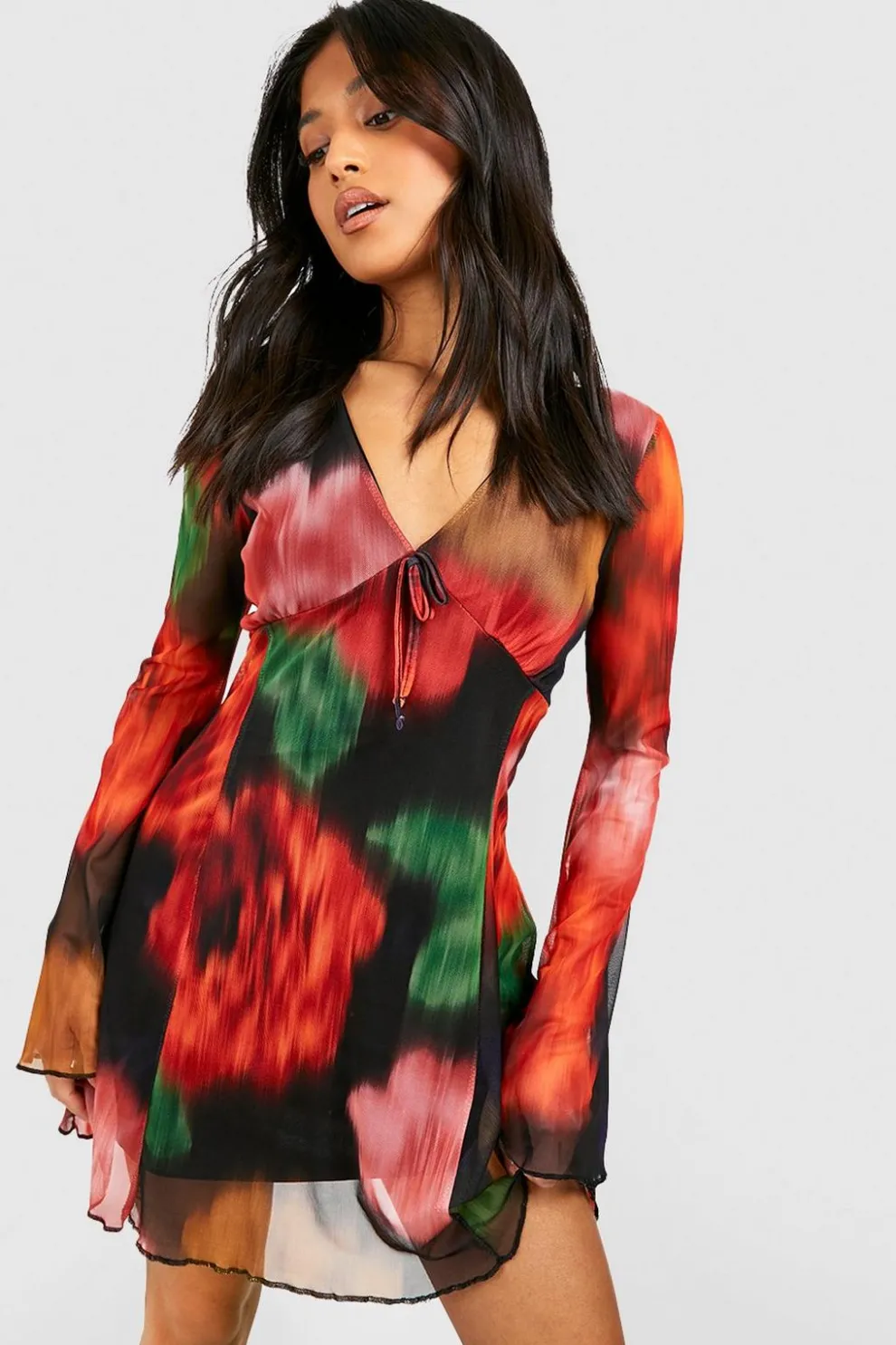 Petite Blurred Floral Mesh Flare Sleeve Dress | Nasty Gal