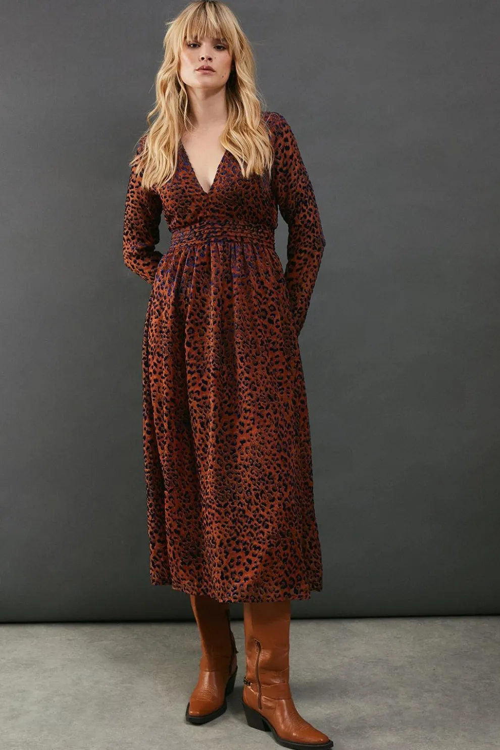 Burnout Leopard Velvet Plunge Neck Waisted Midi Dress | Nasty Gal