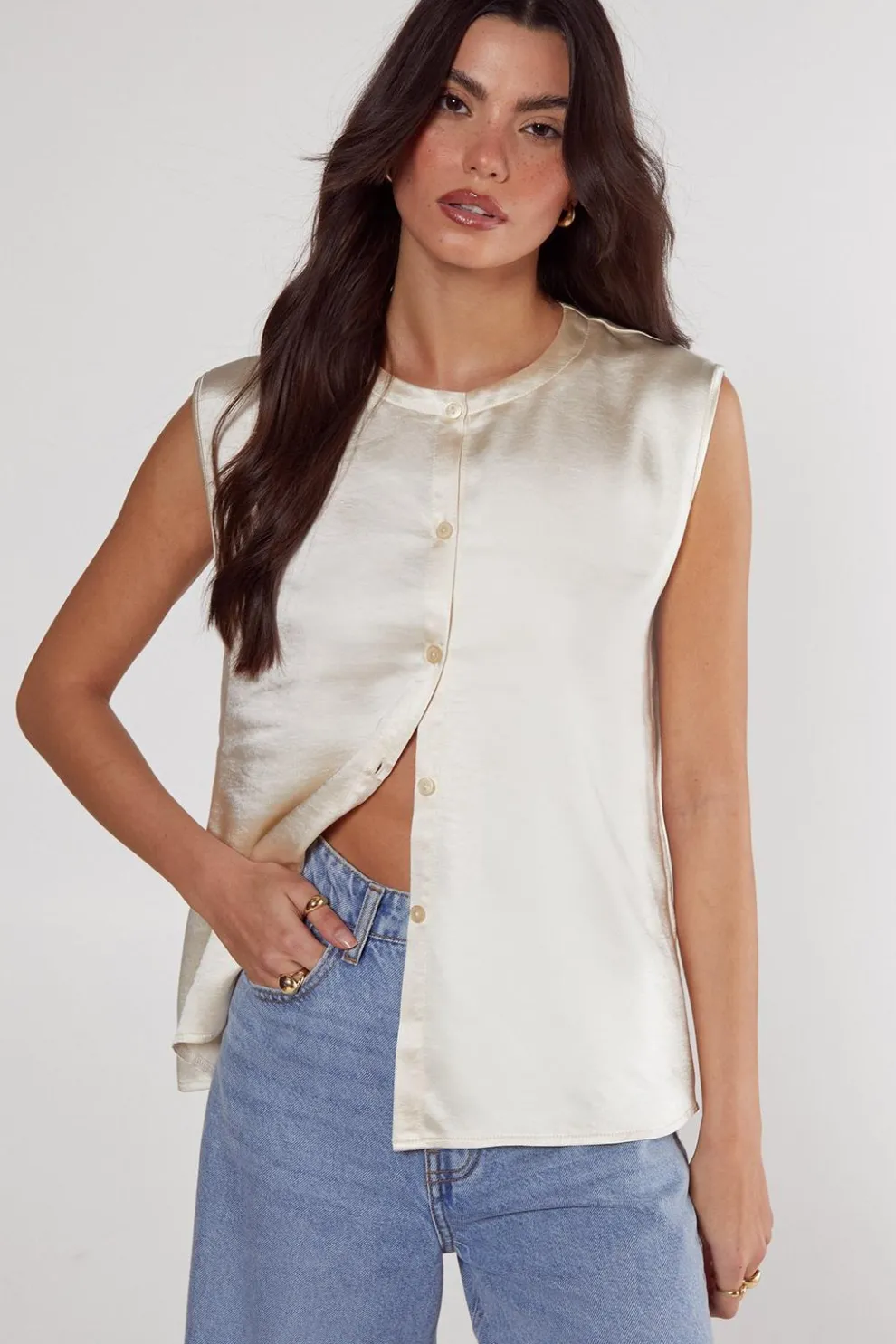 Textured Satin Button Through Collarless Vest | Nasty Gal
