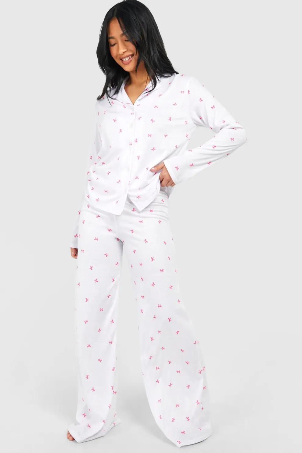 Petite Bow Print Long Sleeve Shirt & Trousers Pyjama Set | Nasty Gal