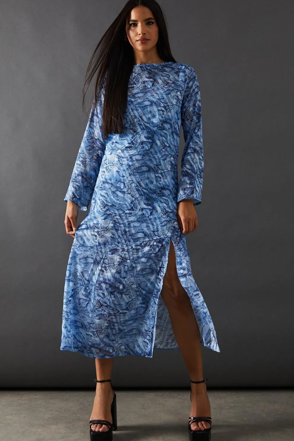 Petite Burnout Snake Chiffon Column Long Sleeve Maxi Dress | Nasty Gal